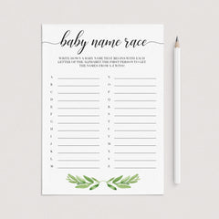 Baby Name race game for greenery baby shower party by LittleSizzle