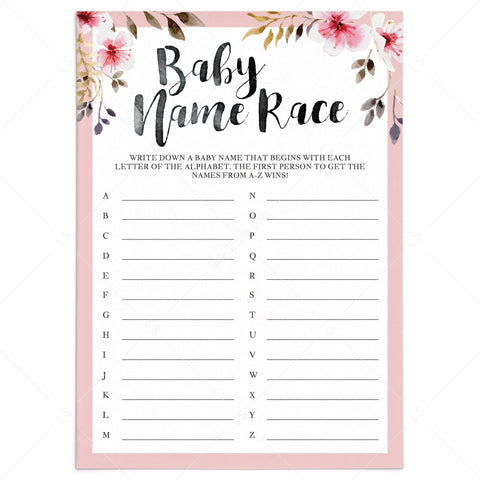 Printable Baby Name Race game for baby shower with blush flowers ...