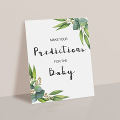 Printable Baby Shower Predictions Game Table Sign Greenery