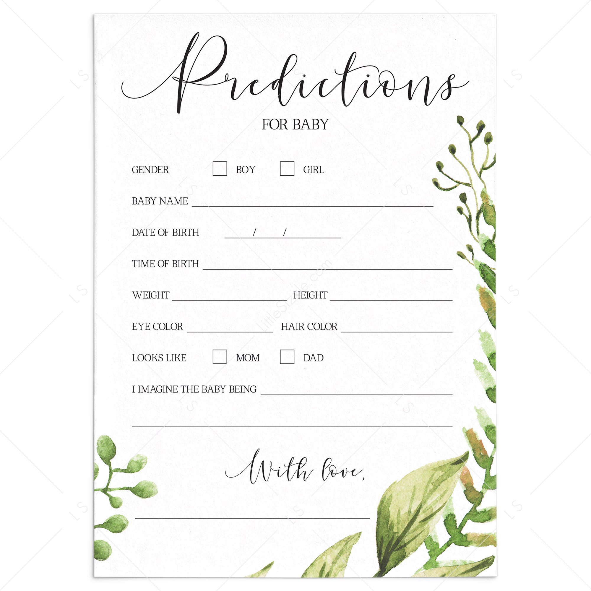 Baby prediction card printable for neutral baby shower party by LittleSizzle