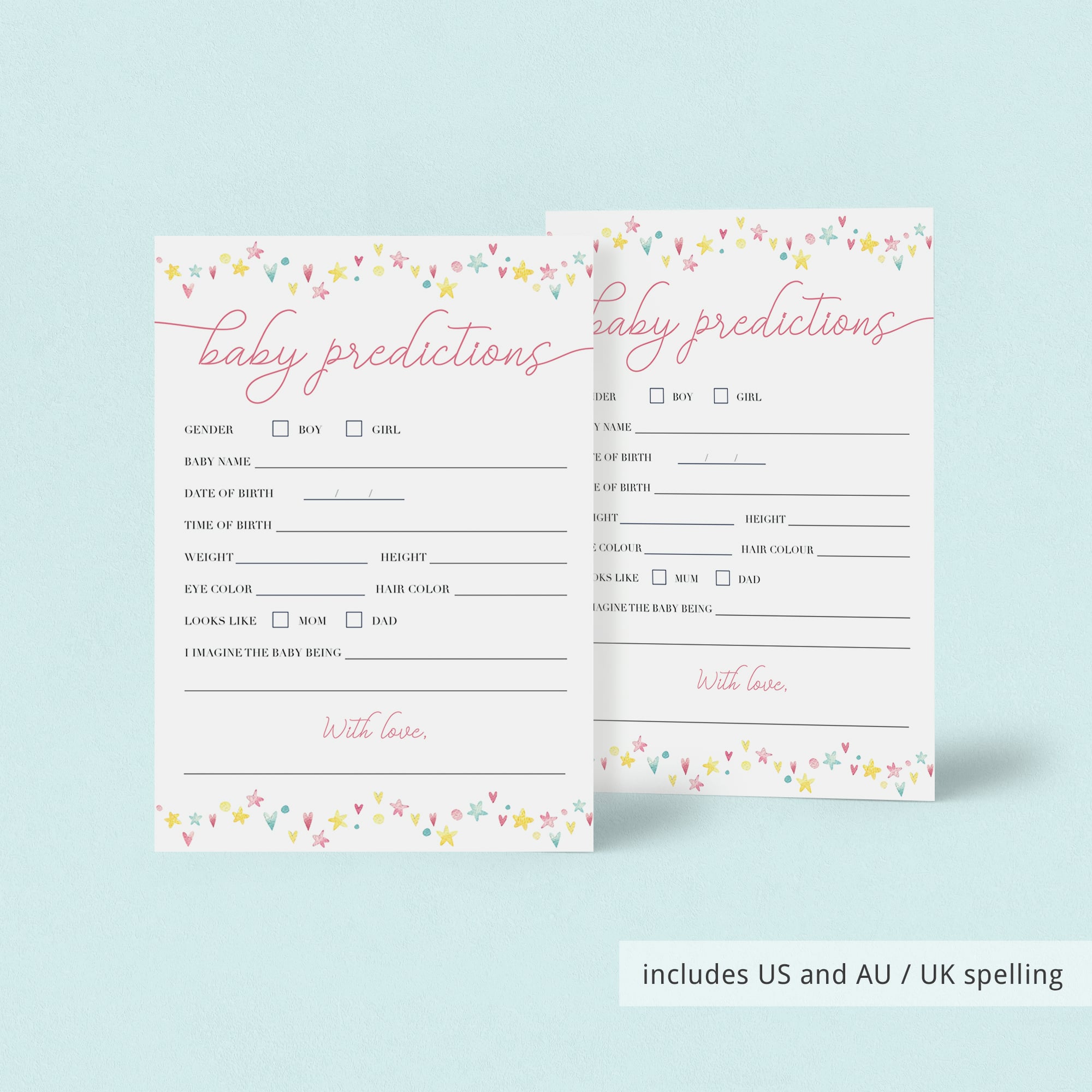 Printable baby predictions game with watercolor hearts and stars by LittleSizzle