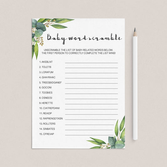 Greenery baby shower word scramble answer sheet download by LittleSizzle