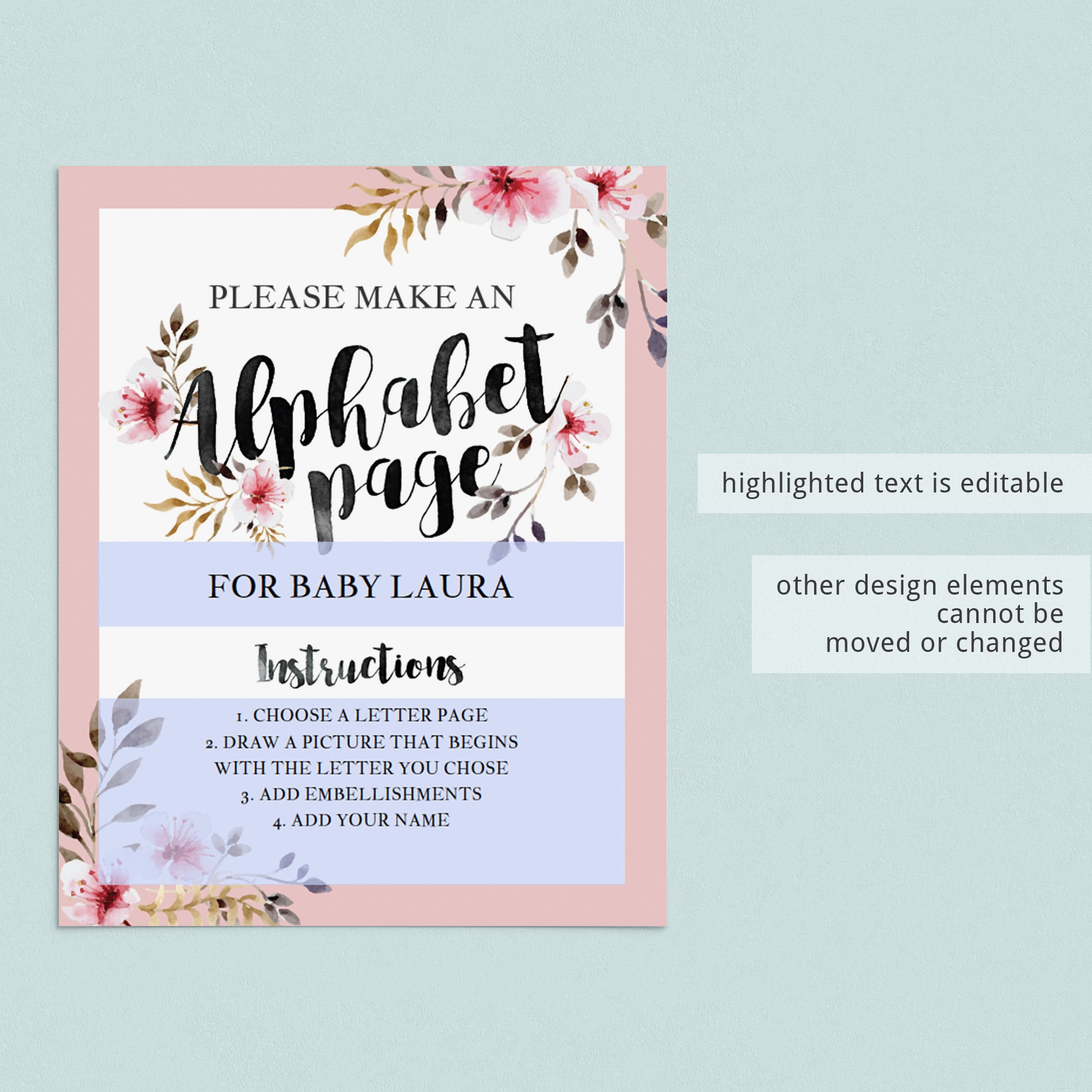 Watercolor script baby shower games and activities by LittleSizzle