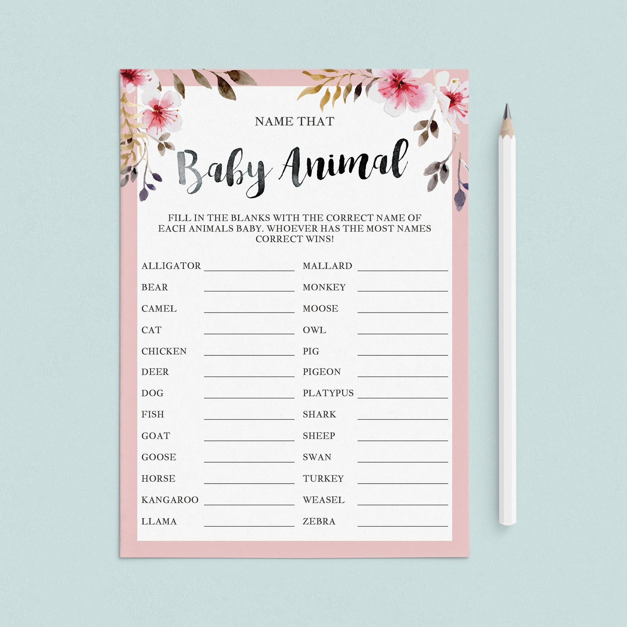 Blush floral baby shower game name that animal by LittleSizzle