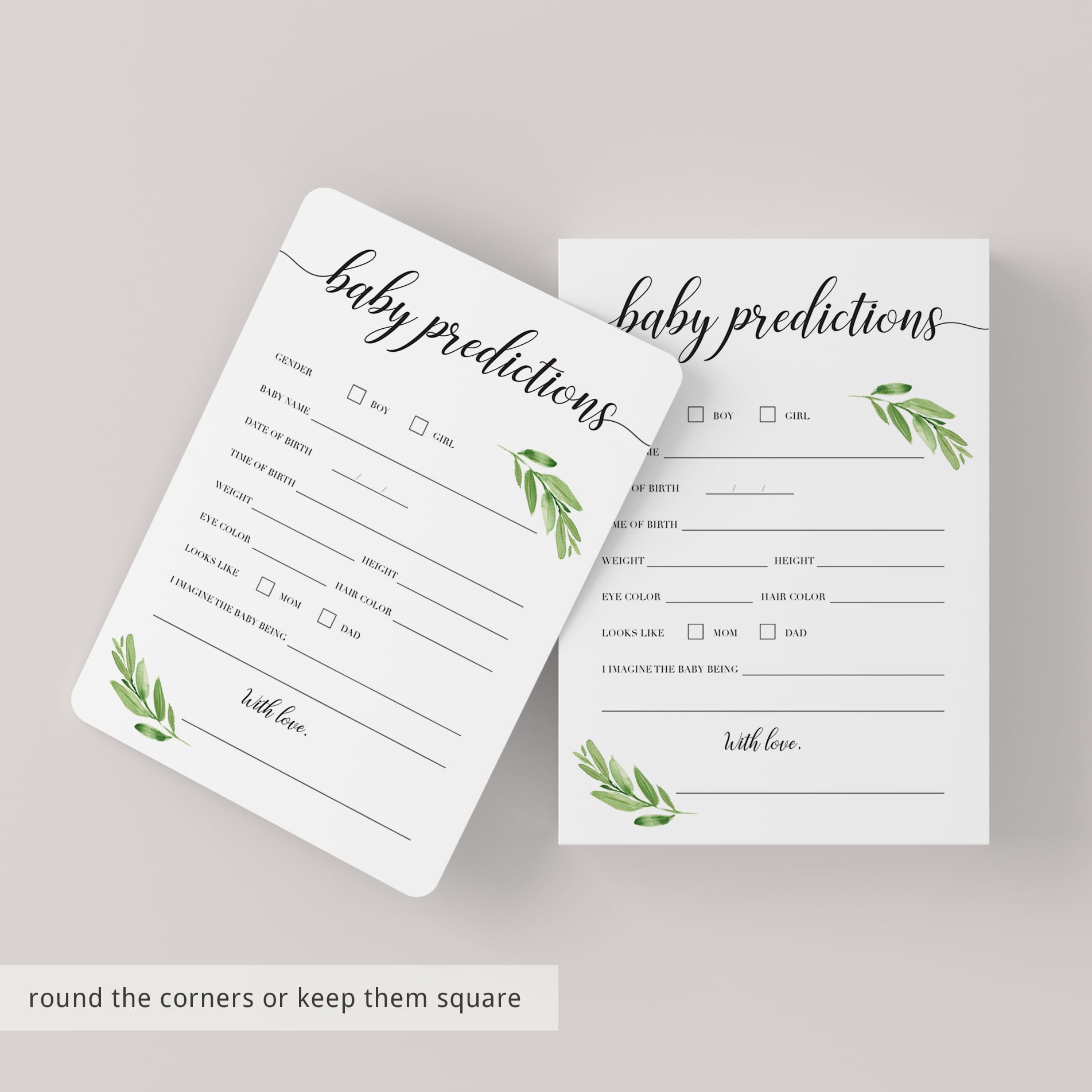 Printable baby prediction card for green baby shower by LittleSizzle