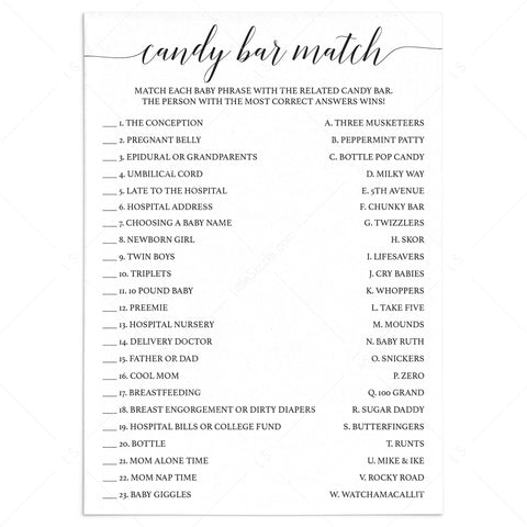 Printable Candy Bar Match baby shower game | Black &amp; White – LittleSizzle