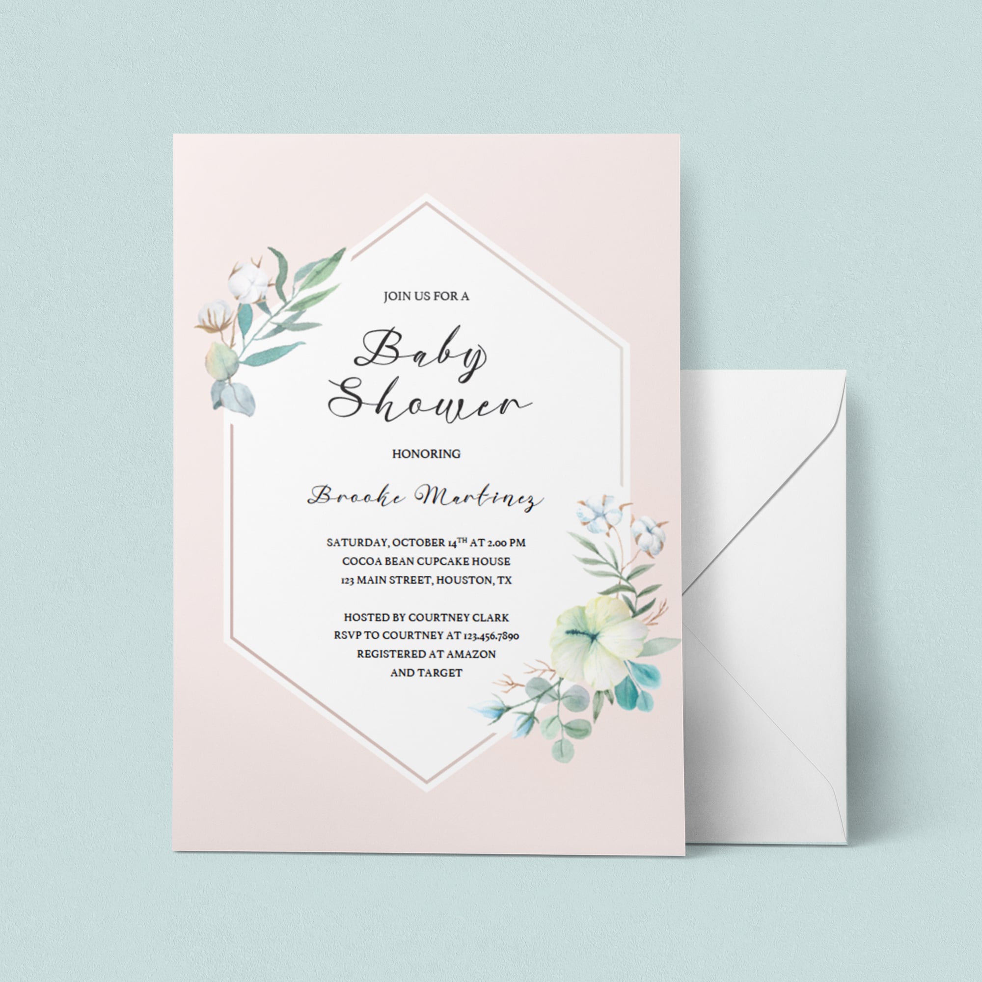 Watercolor flowers on blush baby sprinkle invitation by LittleSizzle
