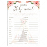 Name That Baby Animal Shower Game Printable Floral Teepee by LittleSizzle