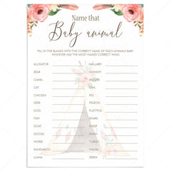 Name That Baby Animal Shower Game Printable Floral Teepee by LittleSizzle