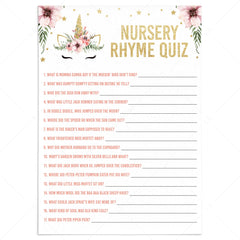Unicorn baby shower nursery rhymes game printable by LittleSizzle