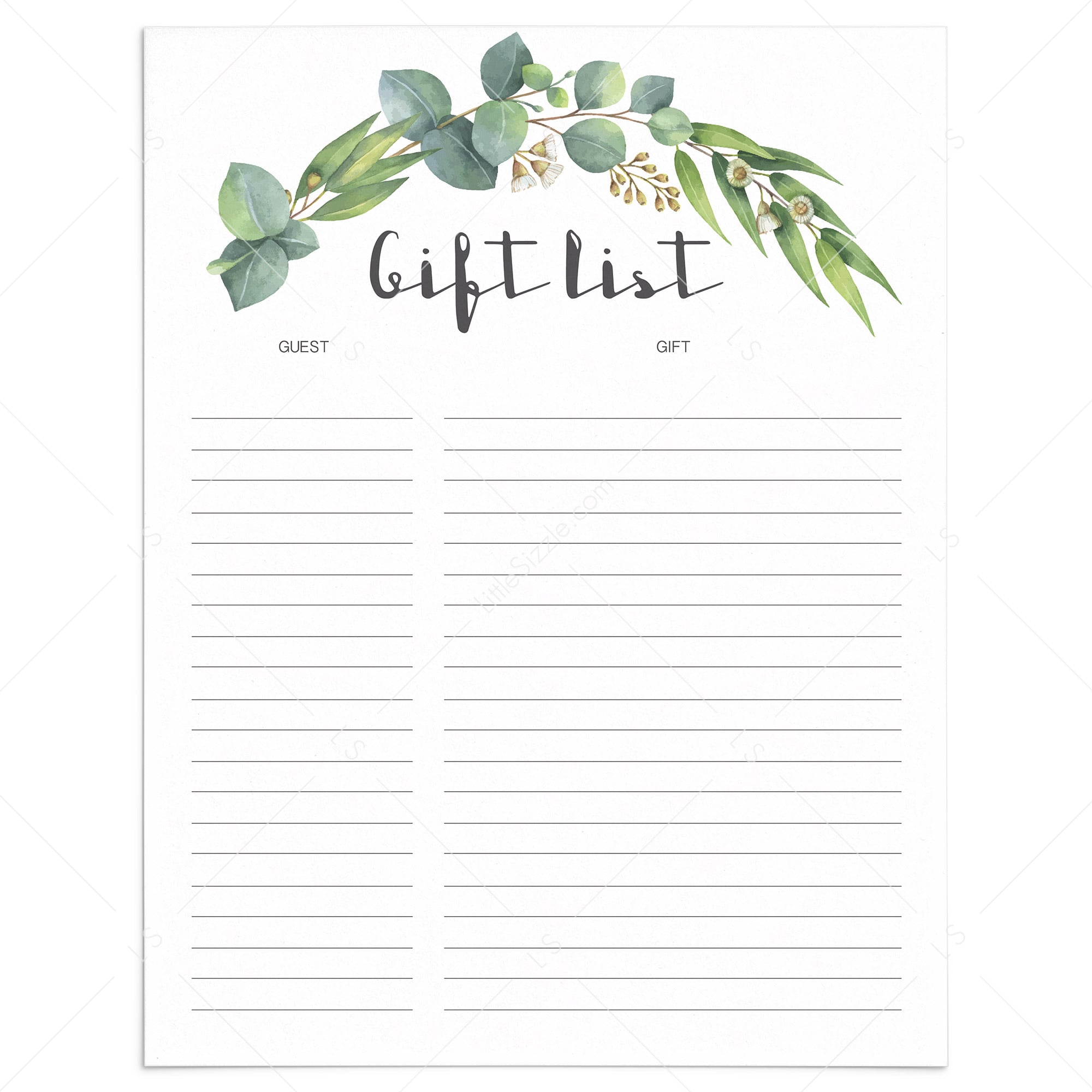 Printable gift tracker with watercolor green leaves by LittleSizzle