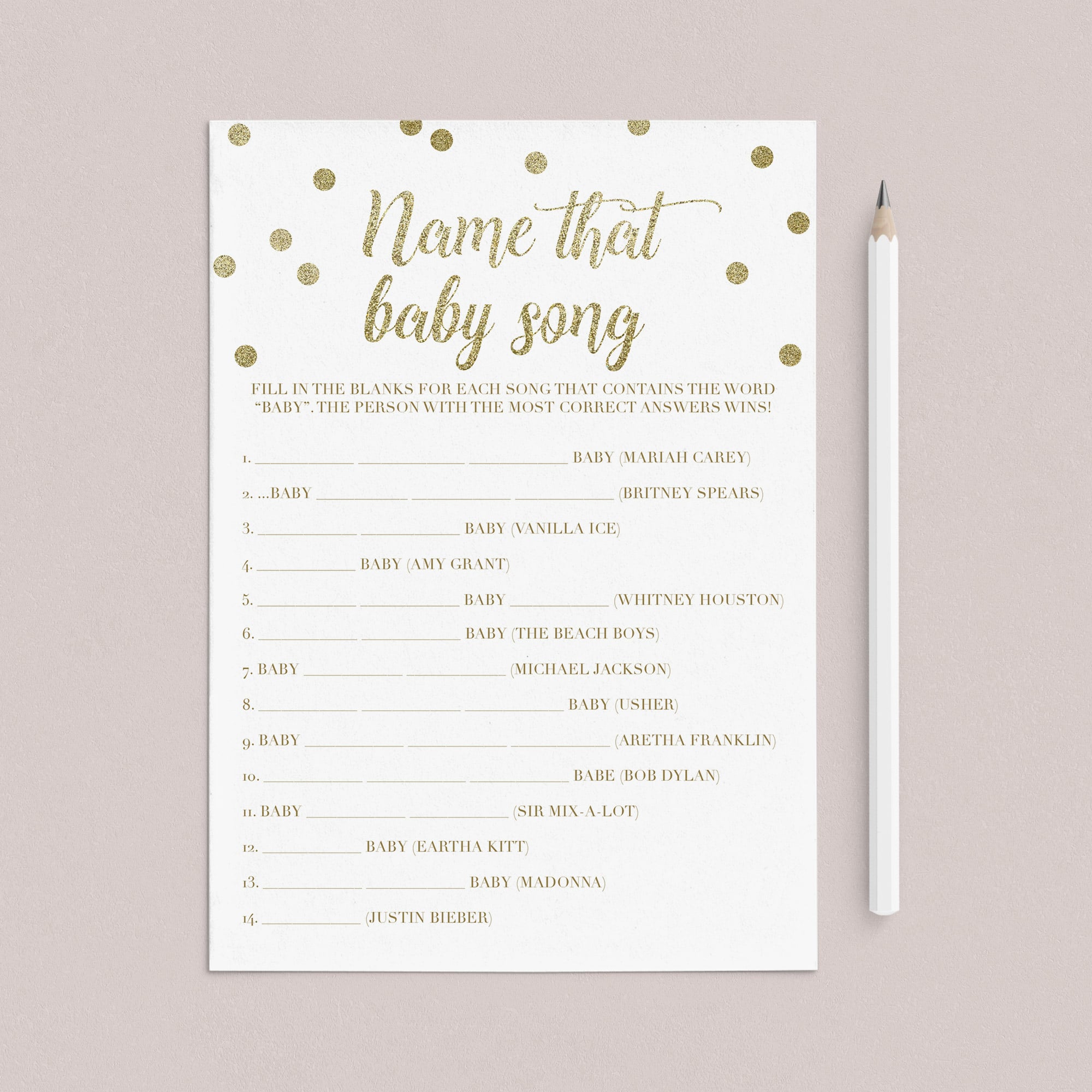 Name that song baby shower game gold confetti by LittleSizzle
