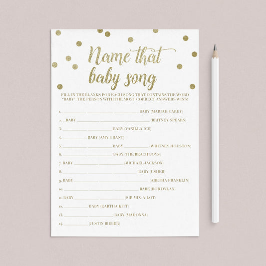Name that song baby shower game gold confetti by LittleSizzle
