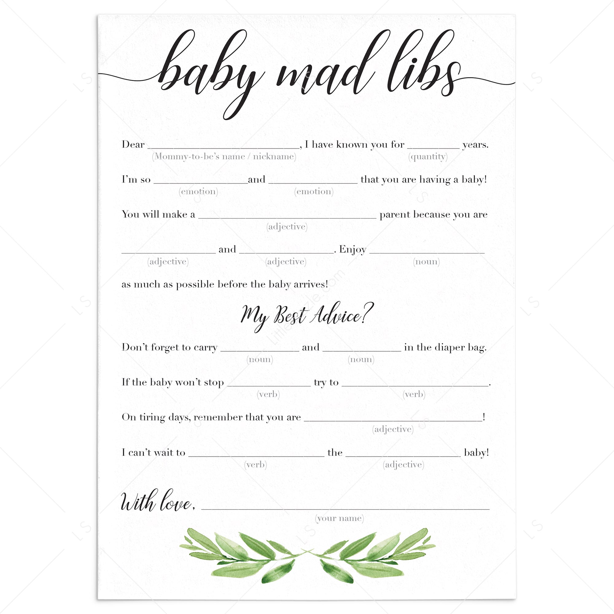 Greenery baby shower mad libs advice card printable by LittleSizzle