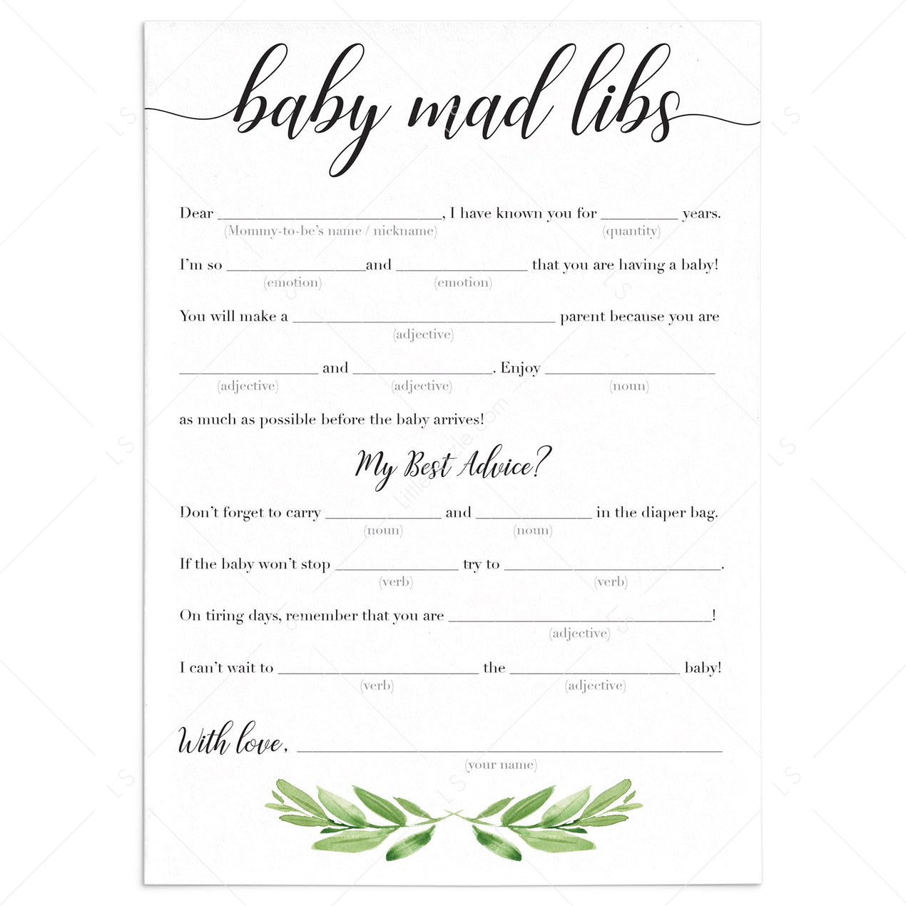 Printable Baby Mad Libs Baby Shower Advice Cards Instant download