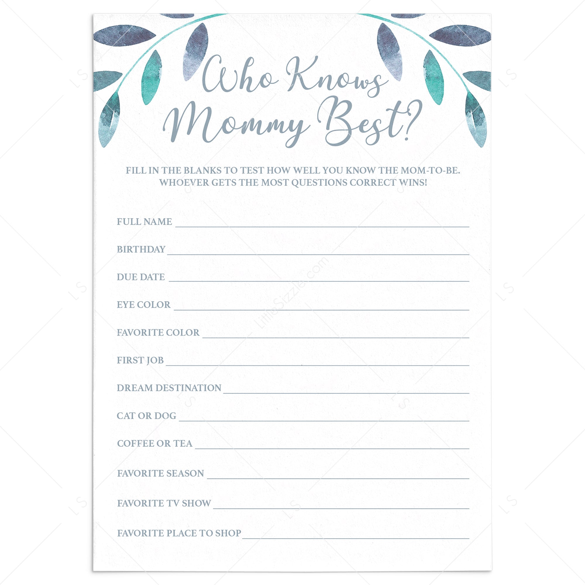 Printable Who Knows Mommy Best Quiz with Watercolor Leaves by LittleSizzle