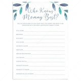 Printable Who Knows Mommy Best Quiz with Watercolor Leaves by LittleSizzle