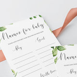 Green watercolor baby shower names for baby game printable by LittleSizzle