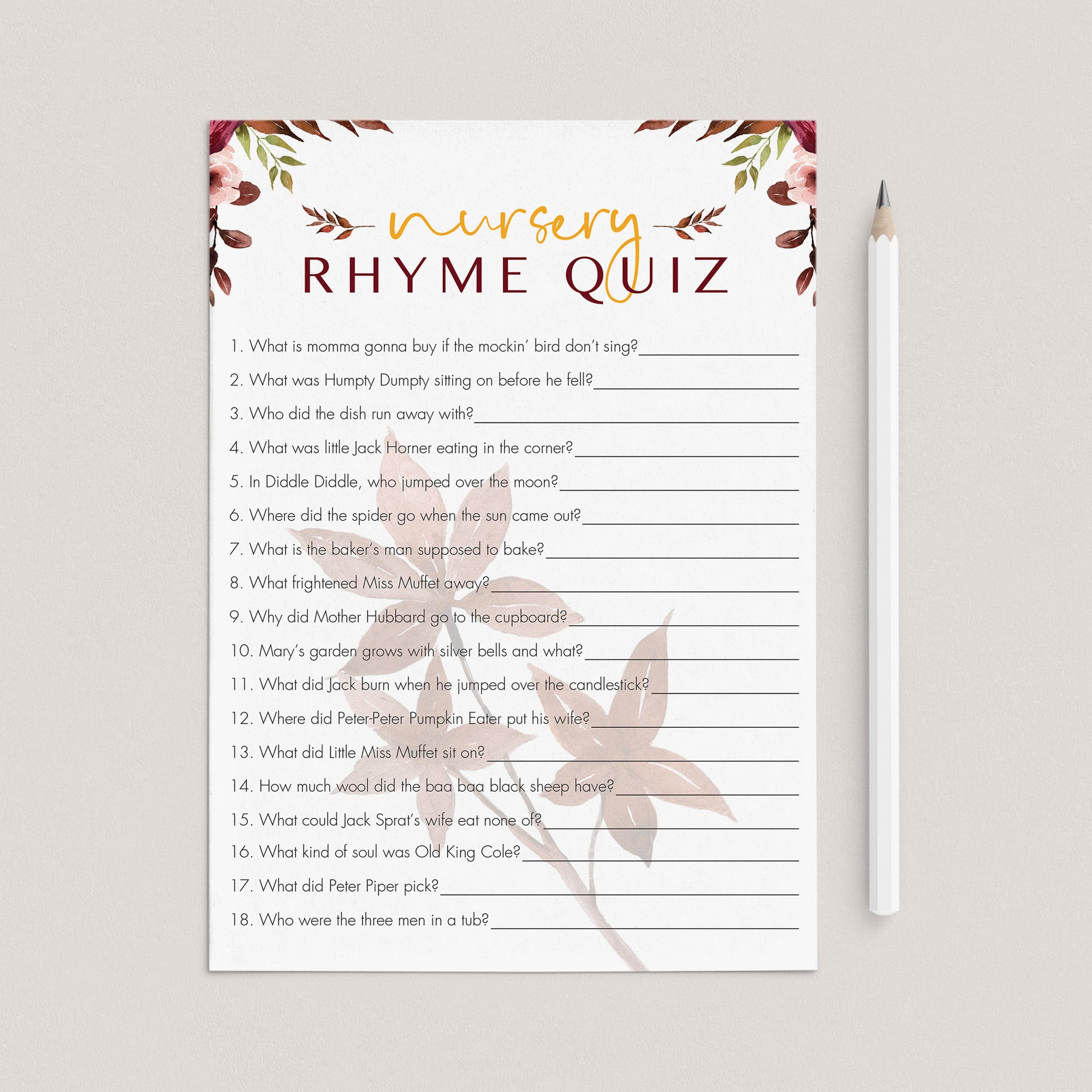 Fall baby shower nursery rhyme game printable by LittleSizzle