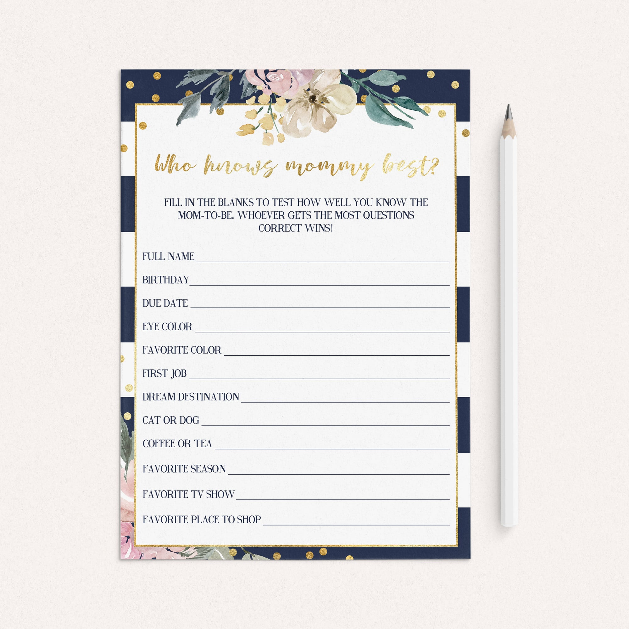 Gold confetti and navy strips baby shower game download by LittleSizzle