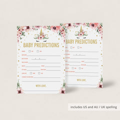 Printable Baby Shower Statistics Game Pink and Gold Unicorn
