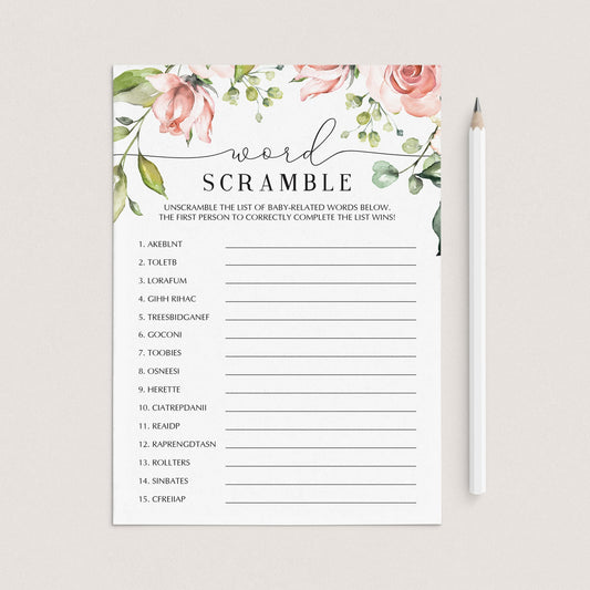 Printable baby shower game word scramble garden theme by LittleSizzle