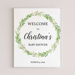 Greenery Wreath Baby Shower Welcome Sign Template