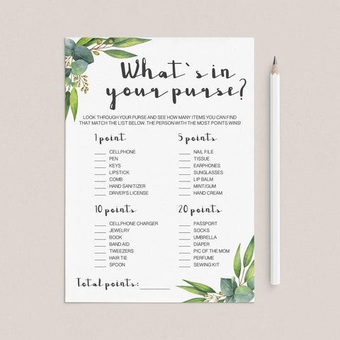 Green baby shower game What's In Your Purse printable | Instant ...