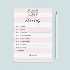 Elephant Baby Shower Printable Keepsakes for Girls