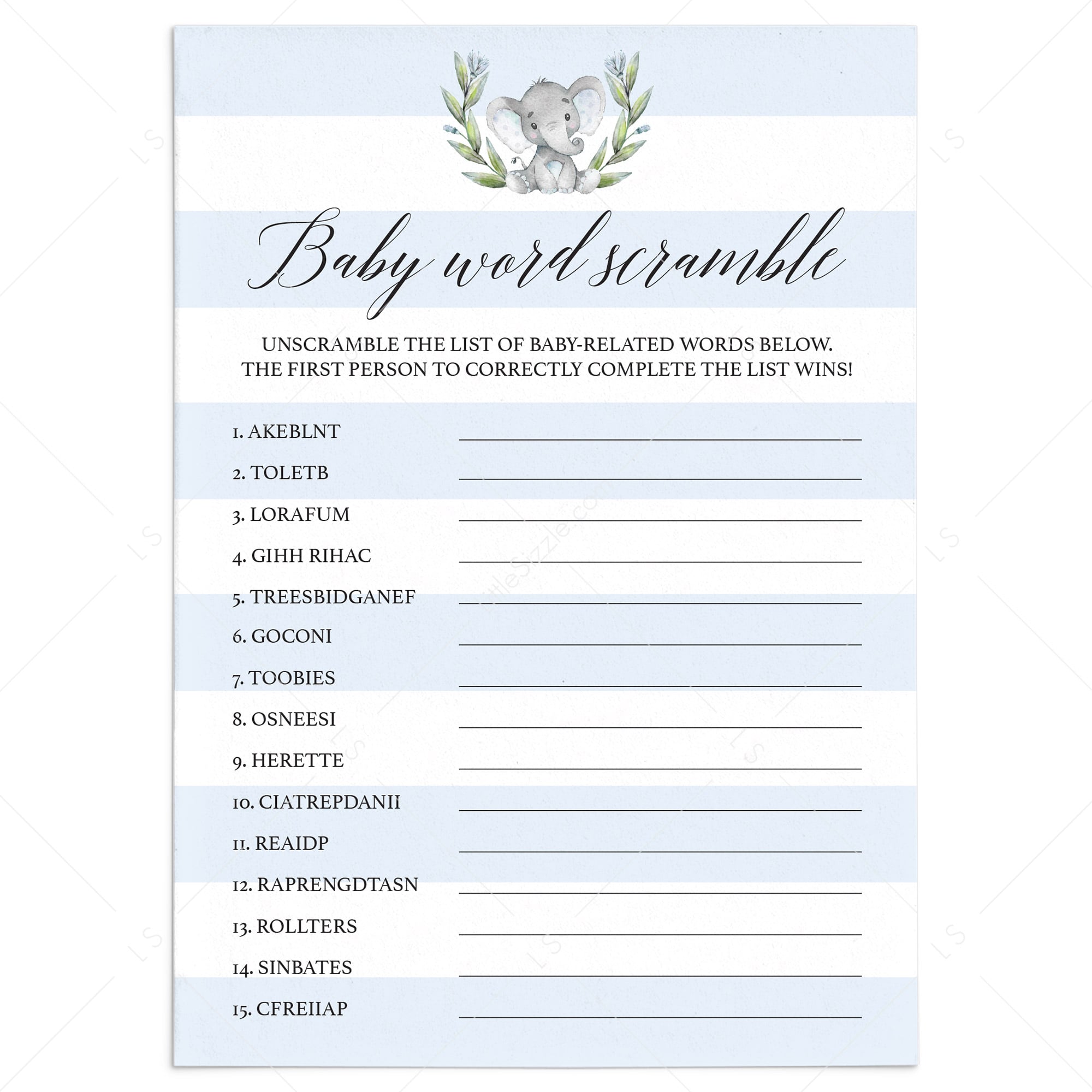Baby Word Scramble game for elephant baby shower by LittleSizzle