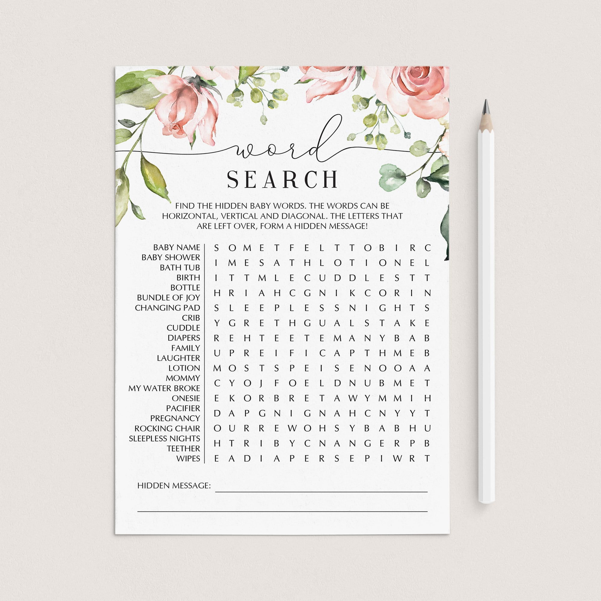 Baby shower word search game with blush flowers by LittleSizzle