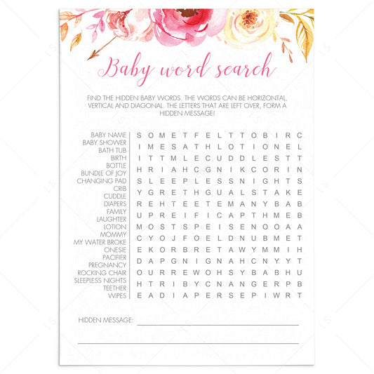 Watercolor Floral Baby Shower Search the Words Game by LittleSizzle