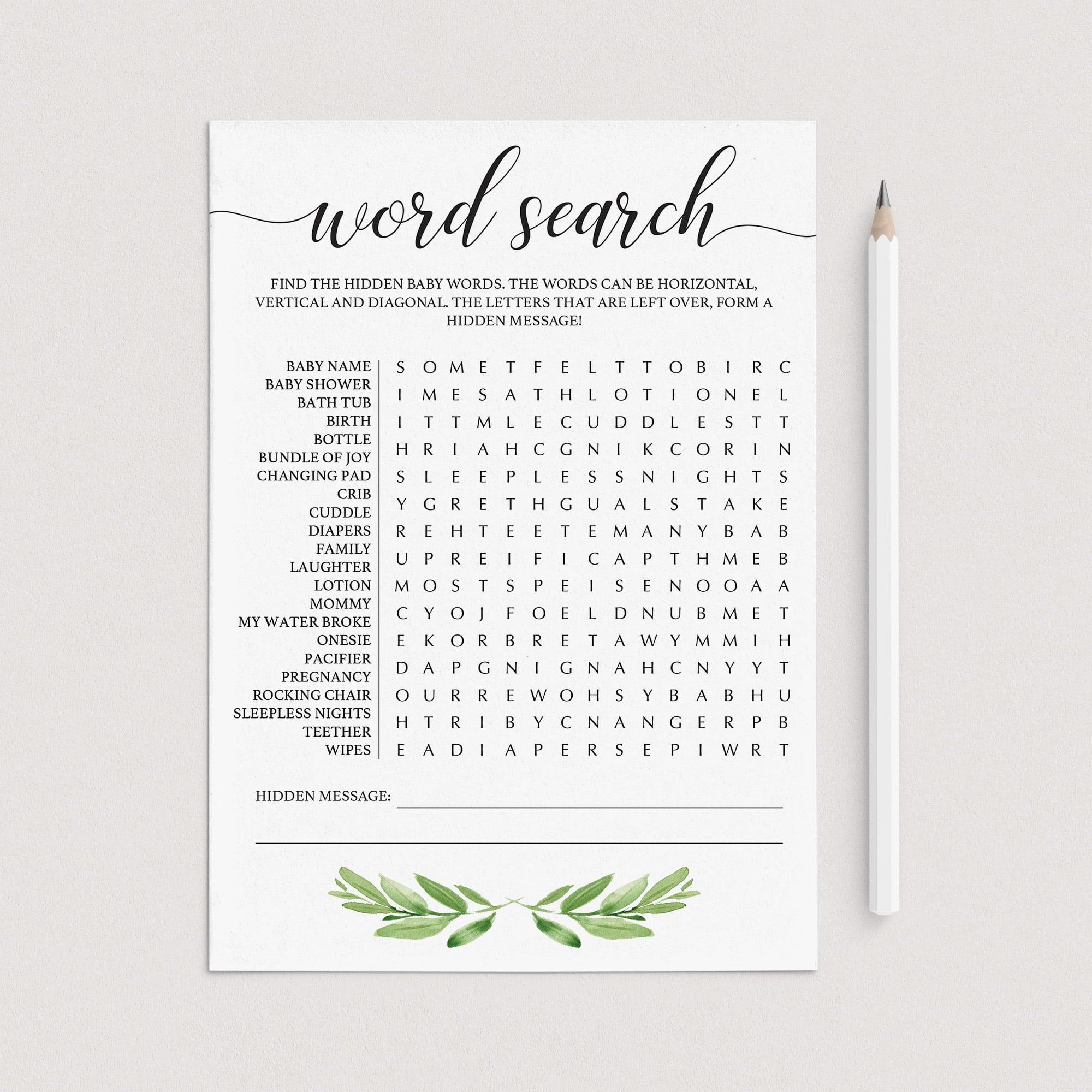 Green baby shower word search game printable by LittleSizzle