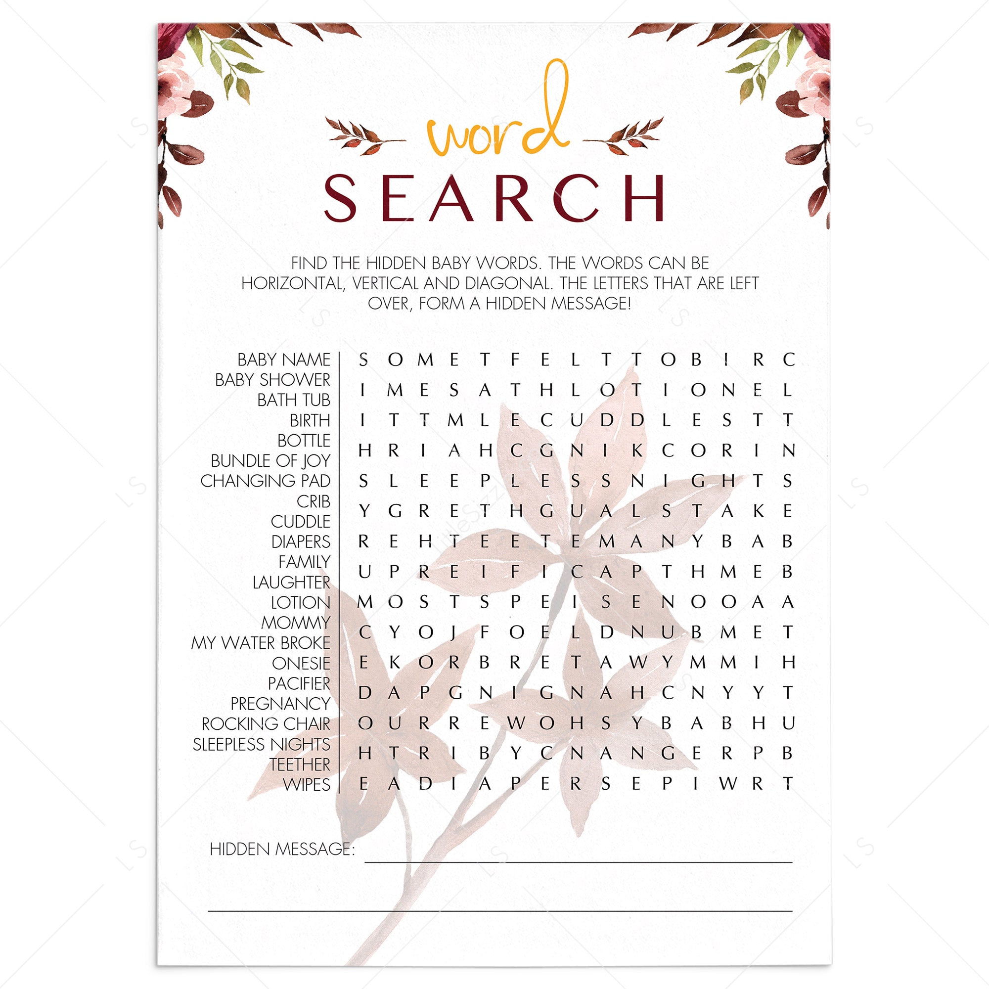 Fall BabyShower Word Search Game Printable by LittleSizzle
