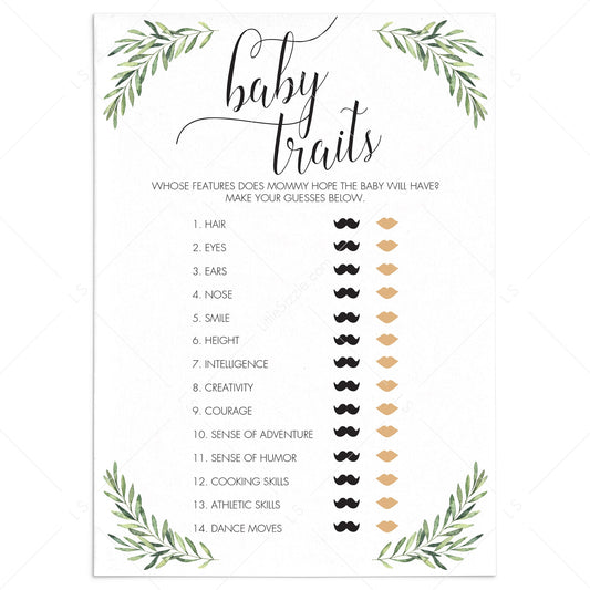Baby Traits Game Printable for Greenery Baby Shower by LittleSizzle