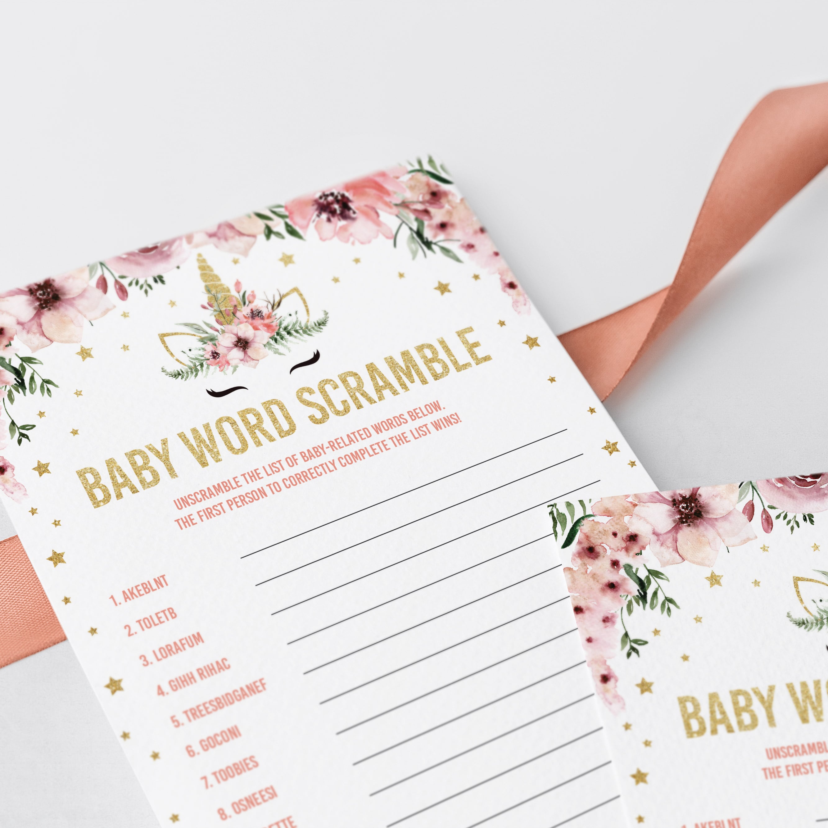 Unicorn themed baby shower games baby word scramble by LittleSizzle