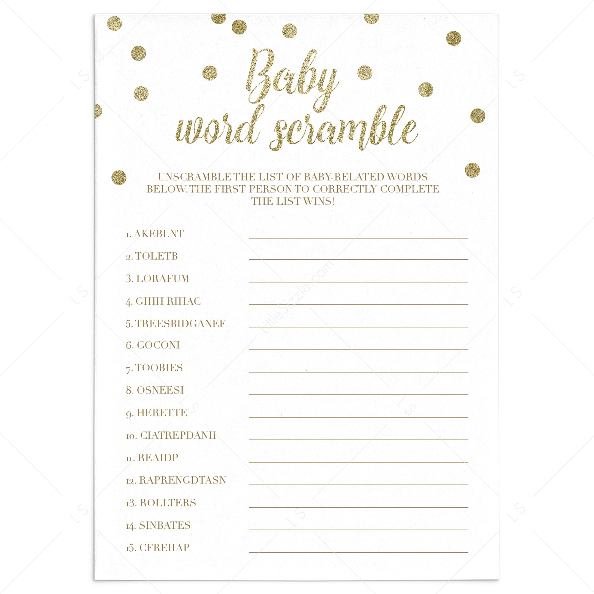 Gold Baby Word Scramble game for baby shower by LittleSizzle