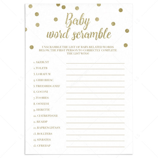 Gold Baby Word Scramble game for baby shower by LittleSizzle