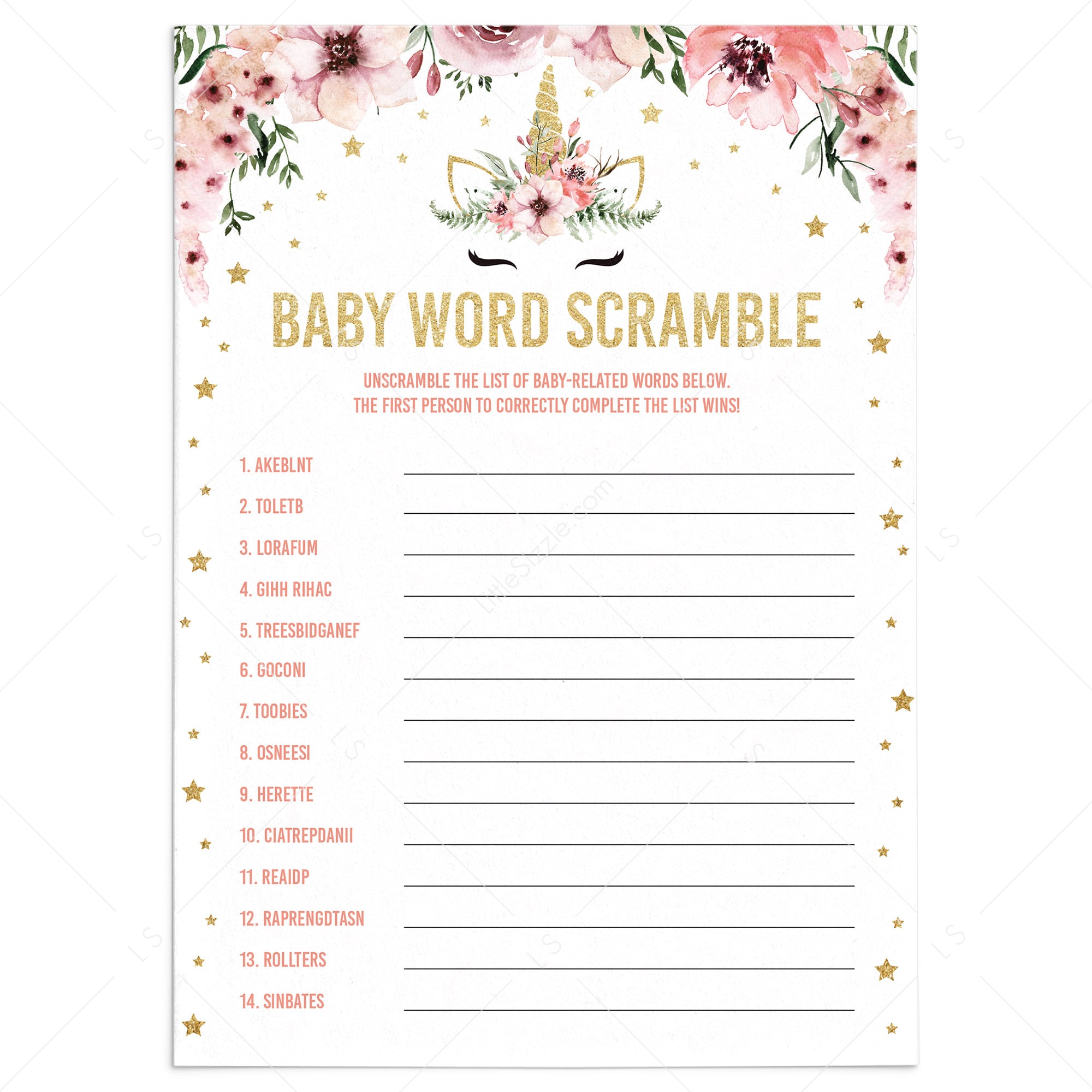 Word scramble for baby shower game unicorn theme by LittleSizzle