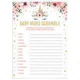 Word scramble for baby shower game unicorn theme by LittleSizzle