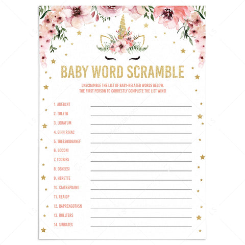 Unicorn Baby Party game Baby Word Scramble printable | Instant download ...