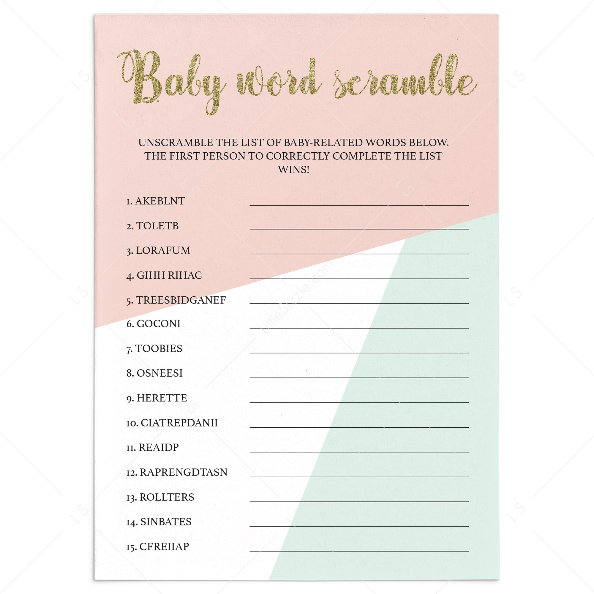 Baby Word Scramble game for baby shower by LittleSizzle