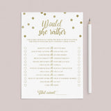 Printable would she rather baby shower game gold confetti by LittleSizzle