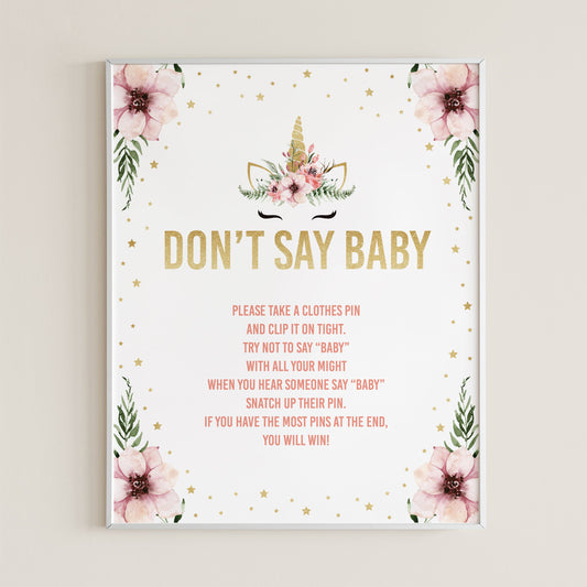 Unicorn baby shower game dont say baby printable sign by LittleSizzle