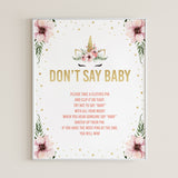 Unicorn baby shower game dont say baby printable sign by LittleSizzle