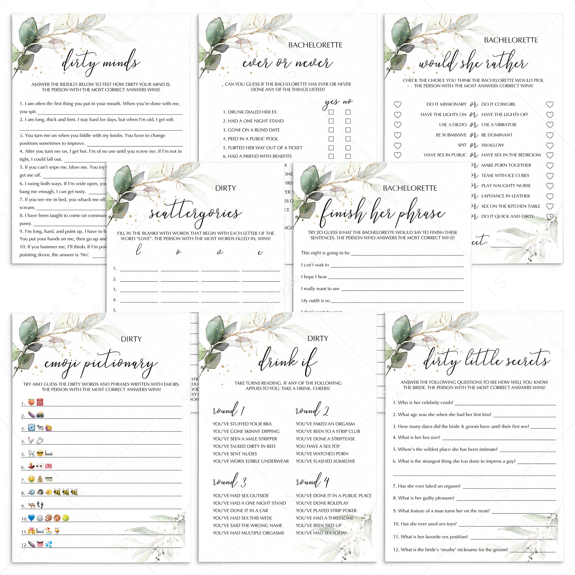 Printable Bachelorette Games Pack Greenery Gold by LittleSizzle