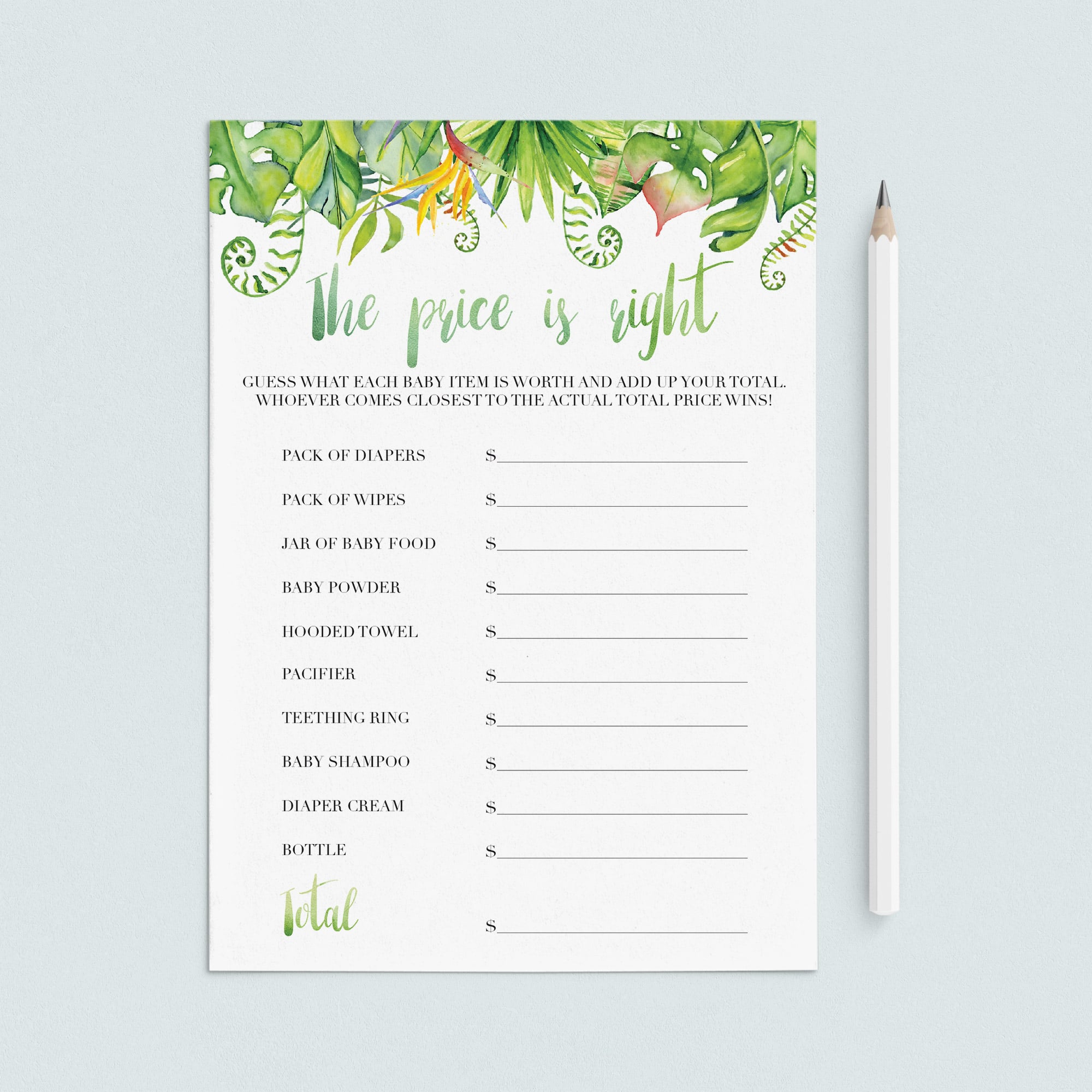 Green tropical leaf watercolor baby party games by LittleSizzle
