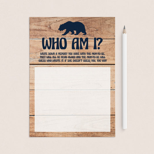 Rustic woodland baby shower games who am I by LittleSizzle