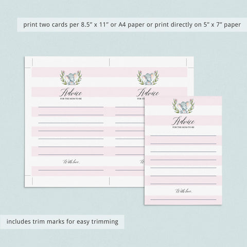 Printable advice for mom-to-be card for elephant themed girl baby ...
