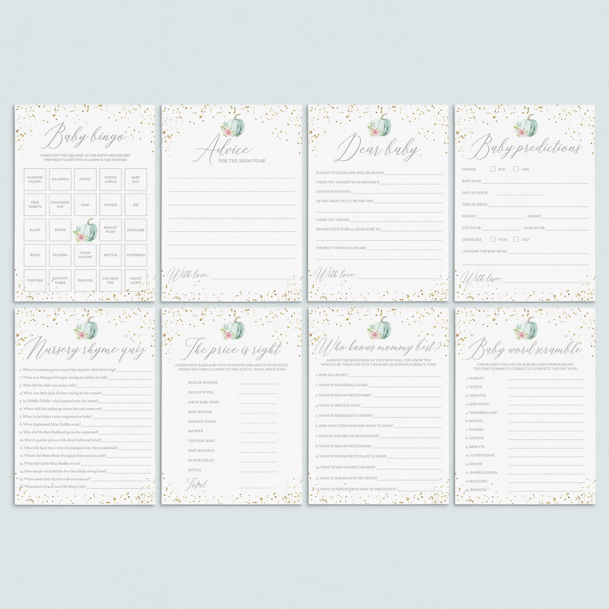 Floral Pumpkin Baby Shower Games Pack Instant Download by LittleSizzle